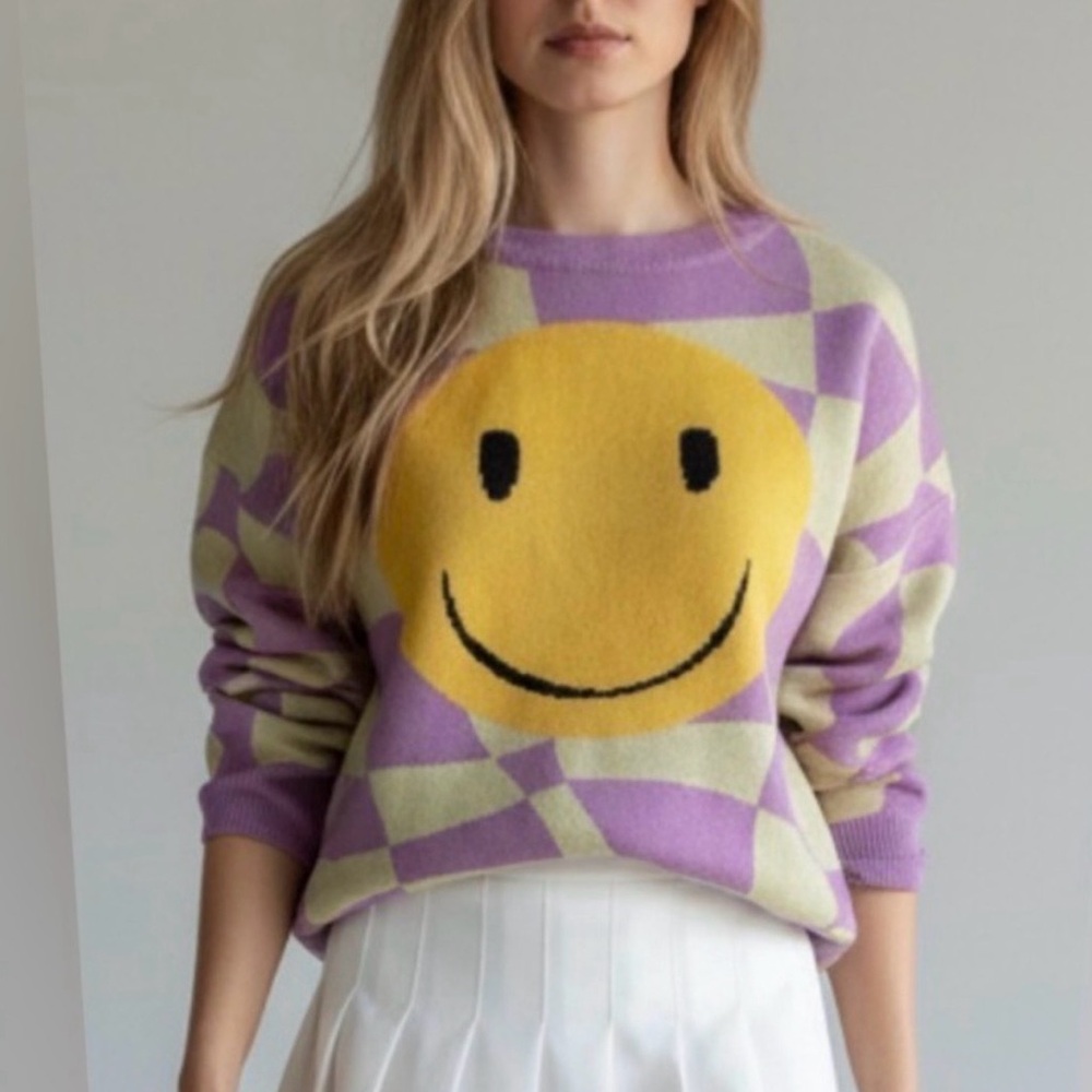 NWT Bailey Rose Checkered Smiley Face Sweater